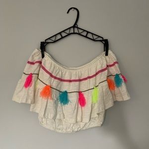 White and neon off the shoulder crop top